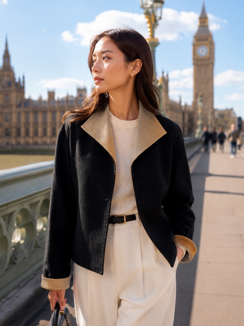 LAFAYETTE 148 Quiet Luxury Black and Tan Wool and Cashmere Cropped Jacket, M